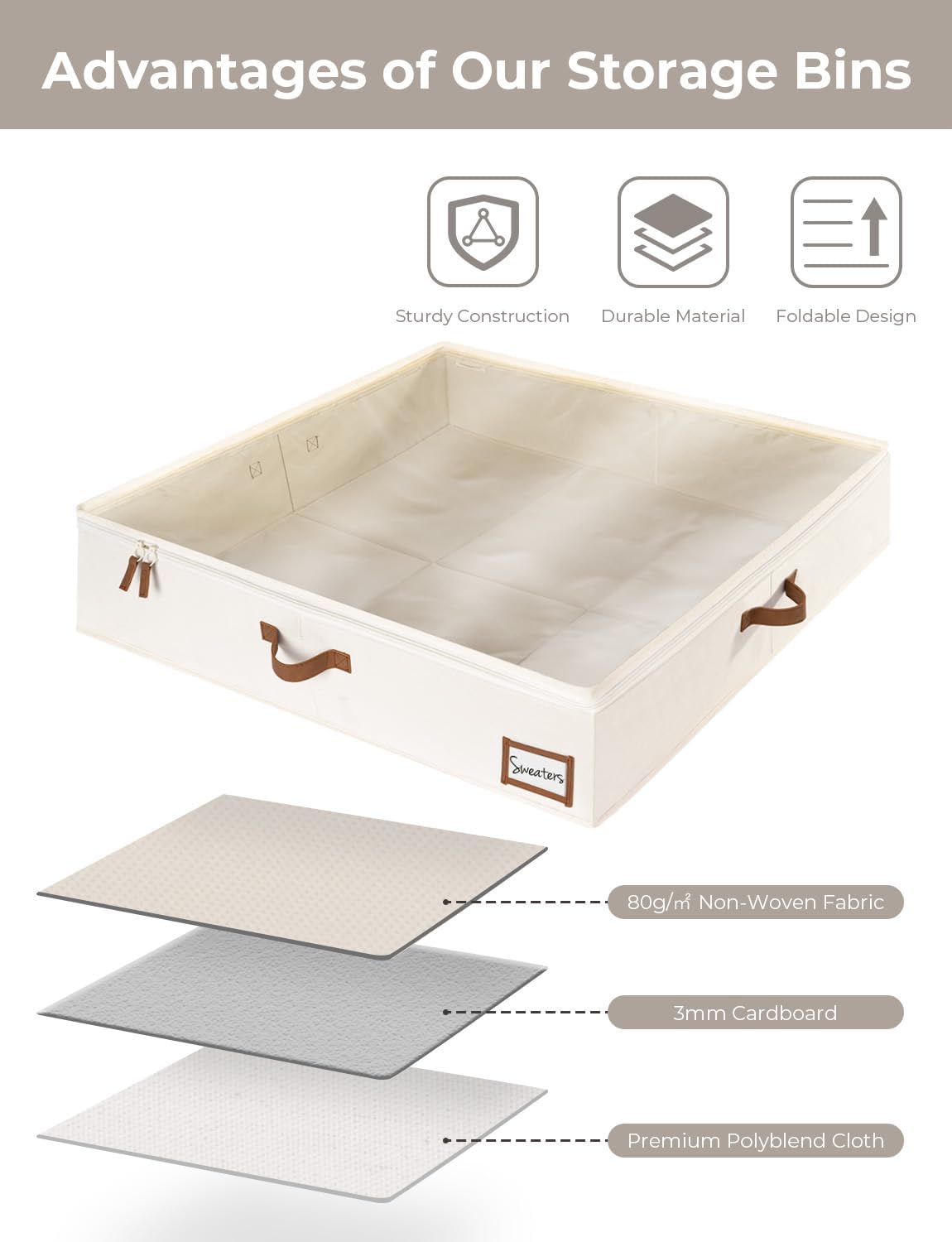 StorageWorks Underbed Storage Box, Under Bed Clothes Organizer With Sturdy Structure and Ultra Thick Fabric, Beige, 33" L x 31" W x 6 ¾ "H, 2 pack