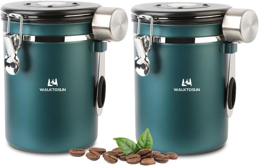 Coffee Canister Airtight Storage Container Stainless Steel Air Tight Coffee Jar with Scoop, Date Tracker CO2 Release Valve for Dry Food, Beans, Ground, Tea, Flour, Cereal and Sugar (1.8L,Green,2Pcs)