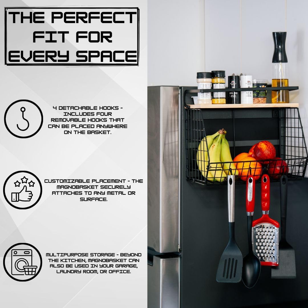 Magnetic Shelf For Fridge with Wood Lid - Fridge Magnet Organizer with 4 Hooks, Magnetic Basket for Fridge, Magnetic Storage for Refrigerator, Magnetic Spice Rack for Refrigerator