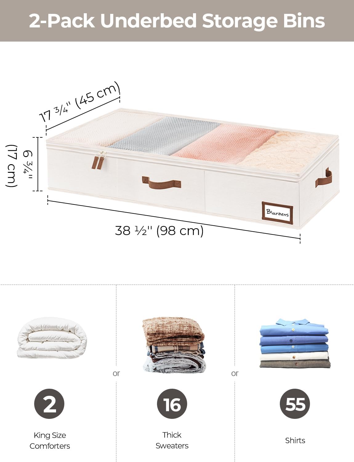 StorageWorks Extra Large Under Bed Storage Containers with Handles and Label Holder, 2 Pack Ultra-thick Fabric Underbed Bins, Closet Organizer for Clothes, Blankets, Sweater