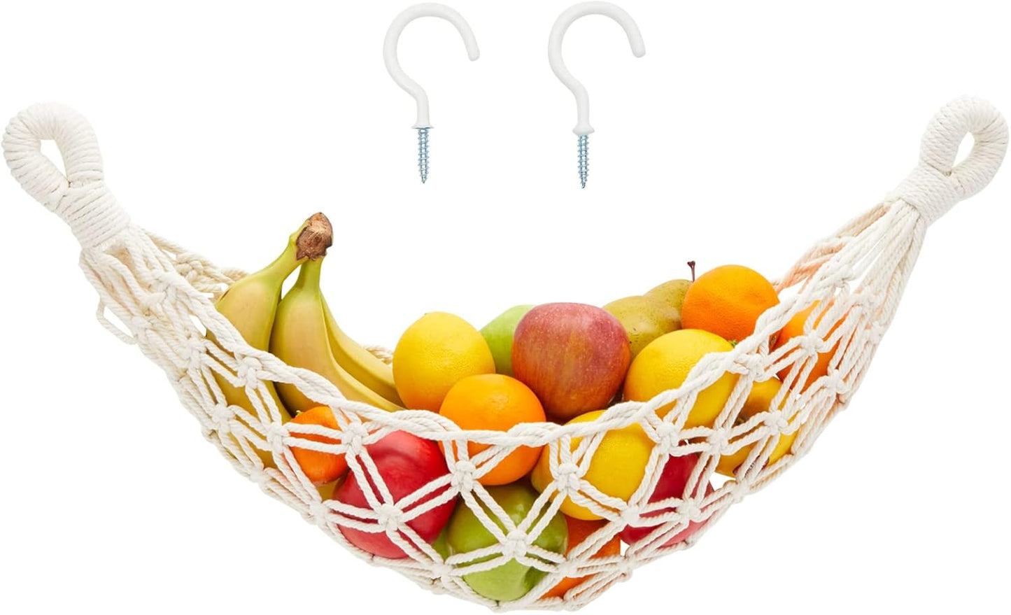 Okuna Outpost Macrame Hanging Fruit Basket Hammock for Kitchen - 6 x 25 x 15 in - White Cotton Modern - Under-Cabinet Storage with 2 Hooks for Bananas