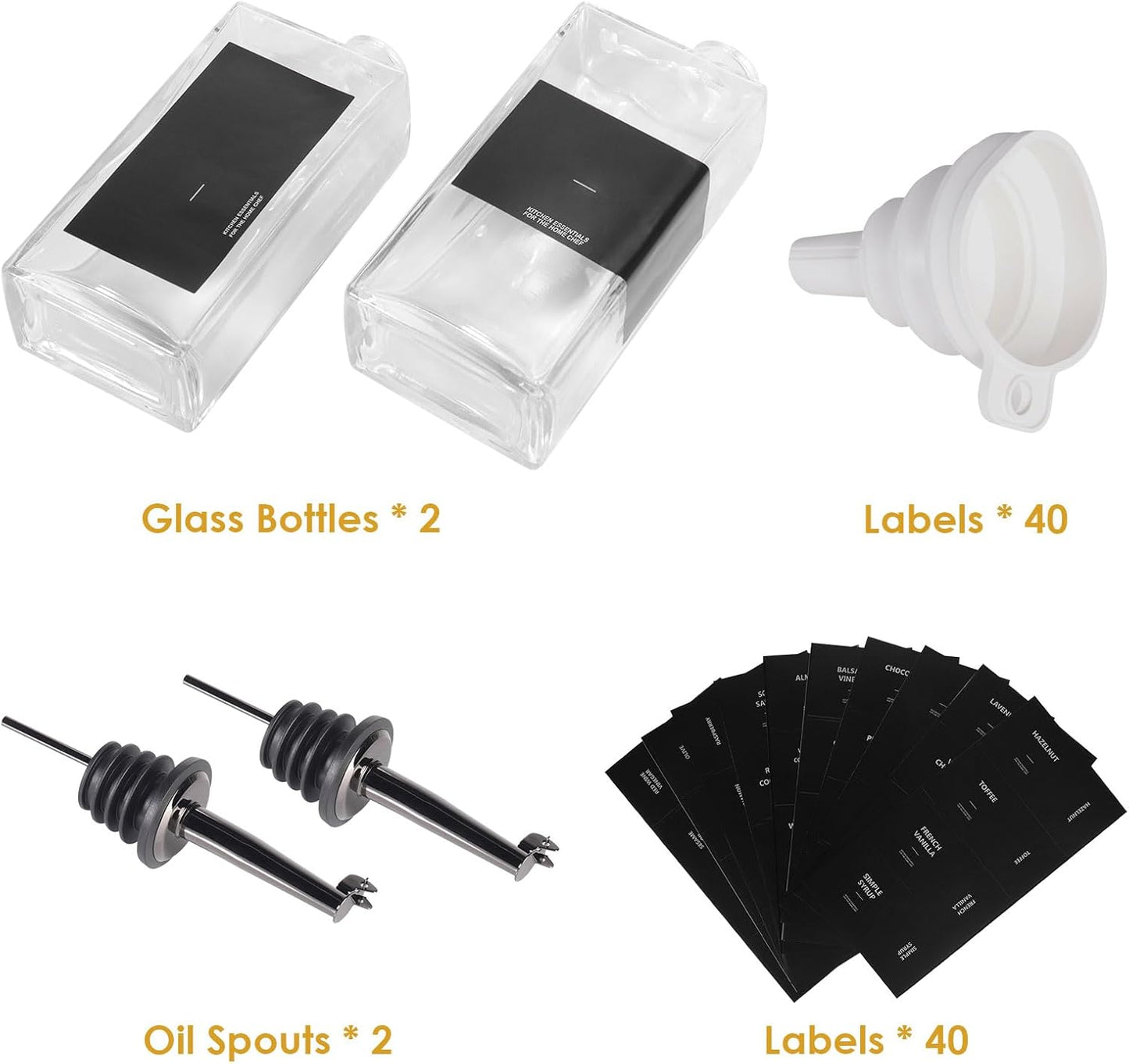 OKYUK Olive Oil Dispenser Bottle for Kitchen Cooking, 16.9oz/500ml Soy Sauce Coffee Syrup Oil and Vinegar Dispenser Set, with Silicone Funnel, Labels (2PCS, Black)