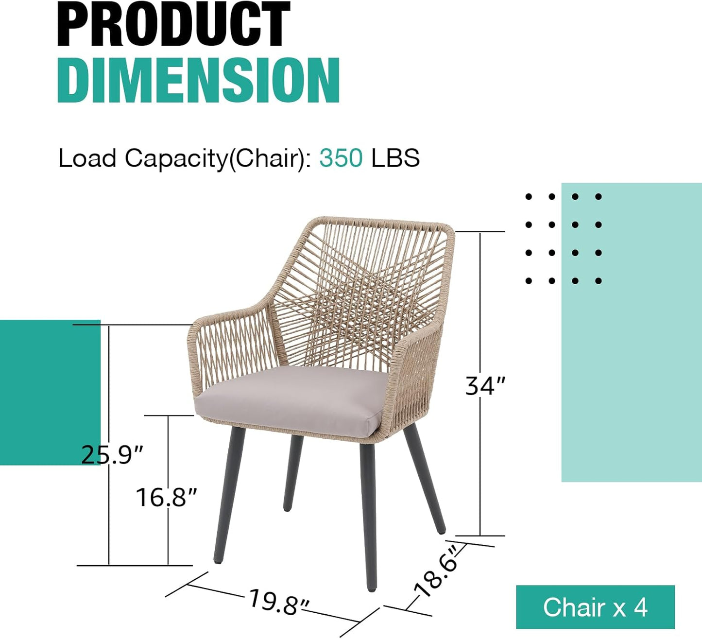 Patiorama Patio Dining Chair Set of 4, Woven Rope Outdoor Dining Chairs w/Steel Frame, All-Weather Twisted Rattan Chairs w/Armrest & Cushion, Outdoor Dining Wicker Chairs for Backyard Garden(Beige)