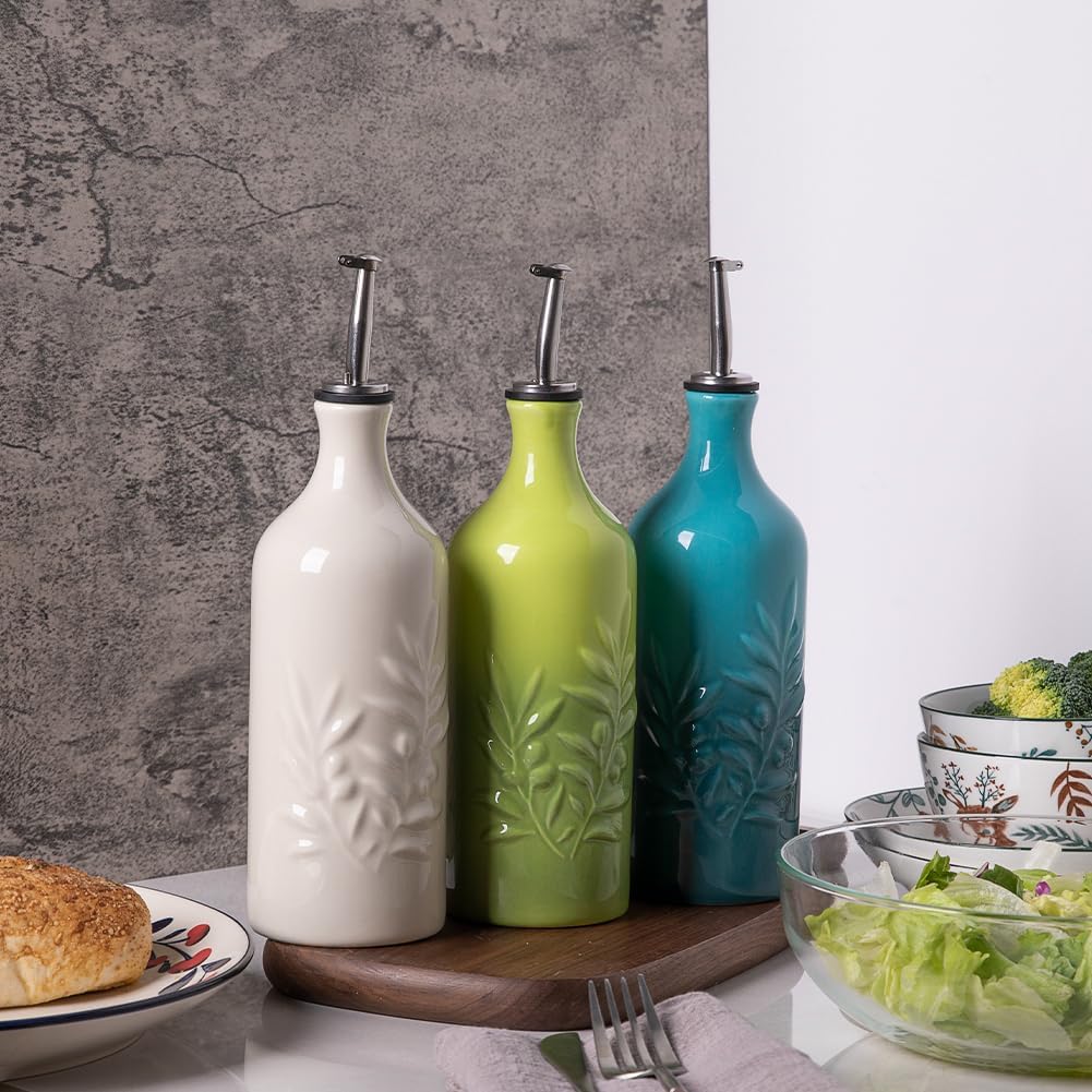 Sweejar Ceramic Olive Oil Dispenser Bottle, 20 Oz Relief Opaque Oil Cruet Protects Oil To Reduce Oxidation, Suitable for Storage Oil, Vinegar, Soy Sauce, Coffee Syrup, Liquids, Set of 1 (Beige)