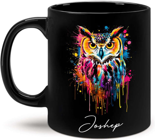 Personalized Name Owl Animal Coffee Mug, Custom Owl Black Cup, Gift For Men Women, Unique Colorful Owl Mug, Animal Cup For Owl Lovers, Customized Owl Ceramic Mug 11oz 15oz, Owl Cup