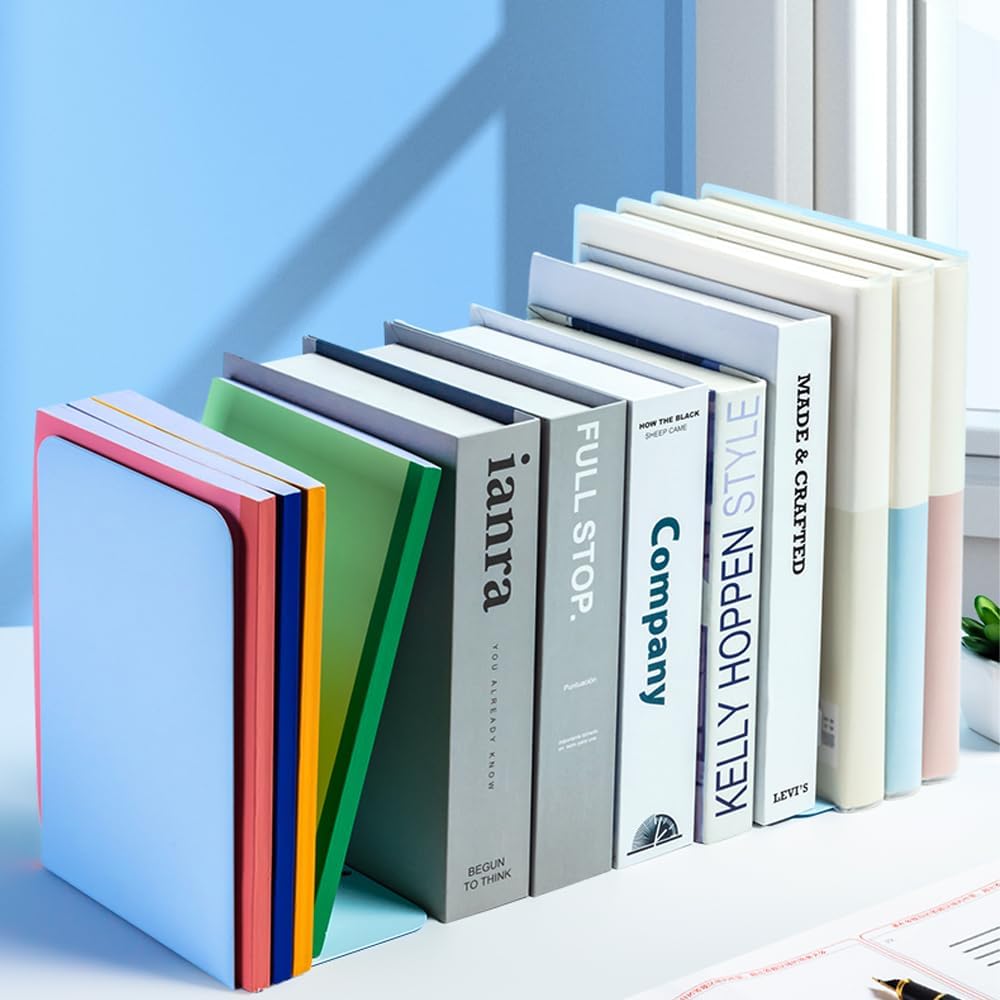 M&G Book Ends 1 Pair, Blue Large Metal Bookends for Shelves, L-Type Book Stopper for Heavy Books, Non-Skid Bookstand for Office Home School Supplies