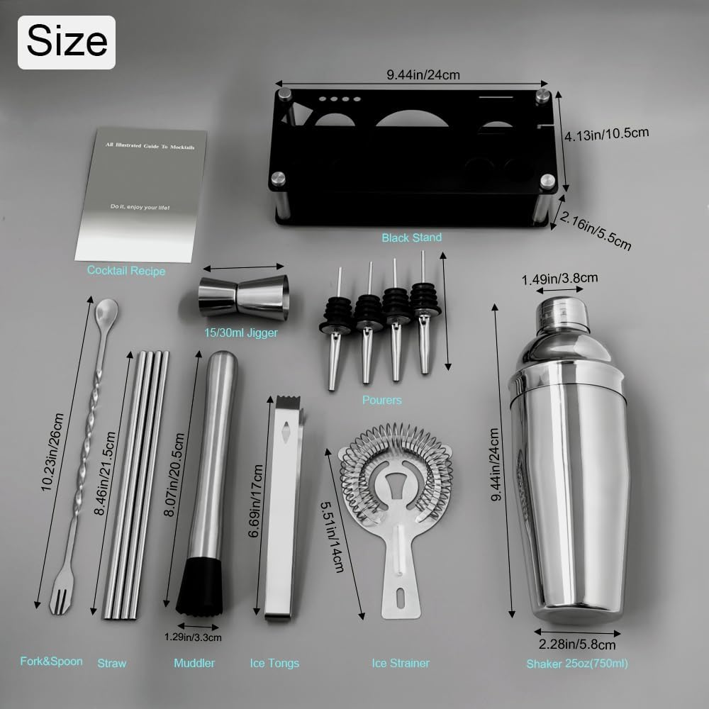 14-Piece Cocktail Shaker Set Bartender Kit with Black Stand, Bar Tool Set for Drink Mixing Bartending Kit Bar Sets Accessories: 750ml(25oz) Shaker, Jigger, Muddler, Cocktail Recipes (Silver)