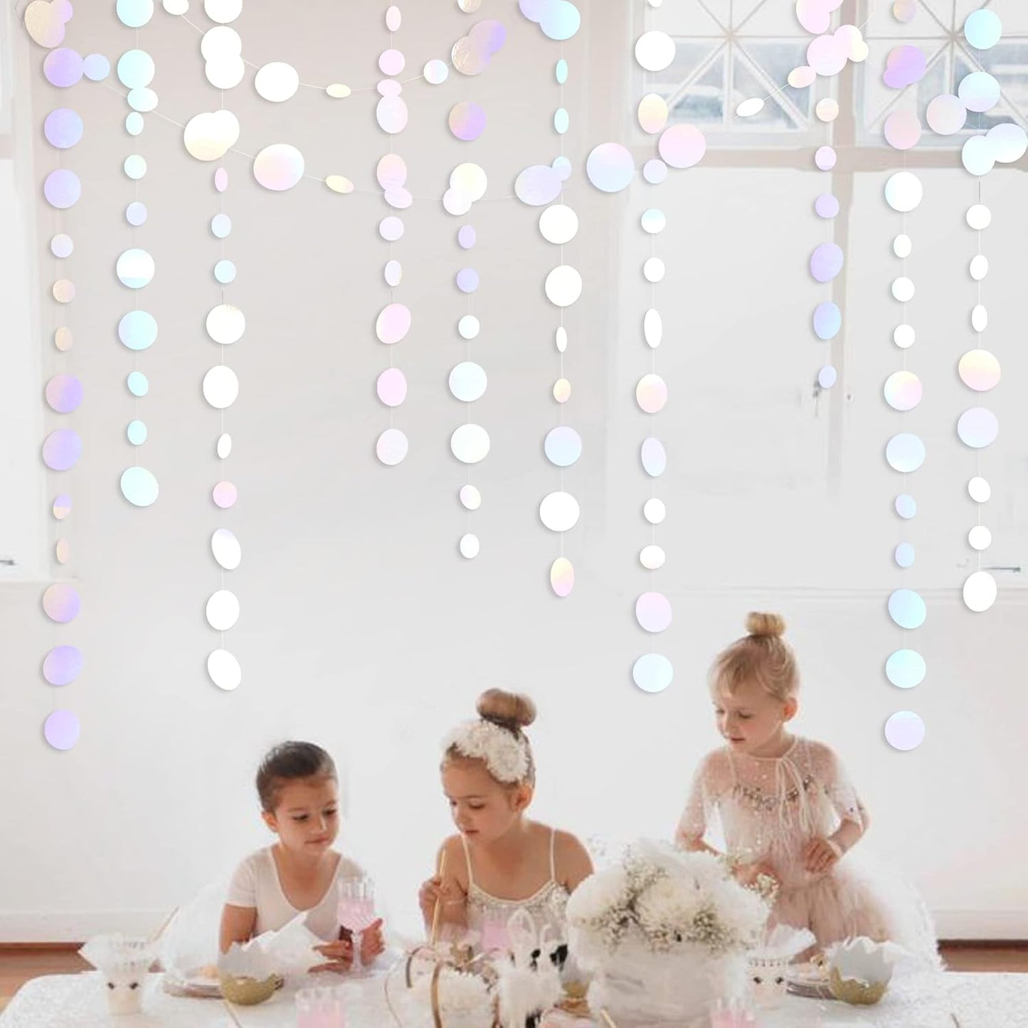 46 Ft White Iridescent Circle Dots Garland Hanging Holographic Polka Dots Streamer for Birthday Bachelorette Engagement Wedding Bridal Shower Galaxy Pastel Winter Christmas Party Decorations Supplies
