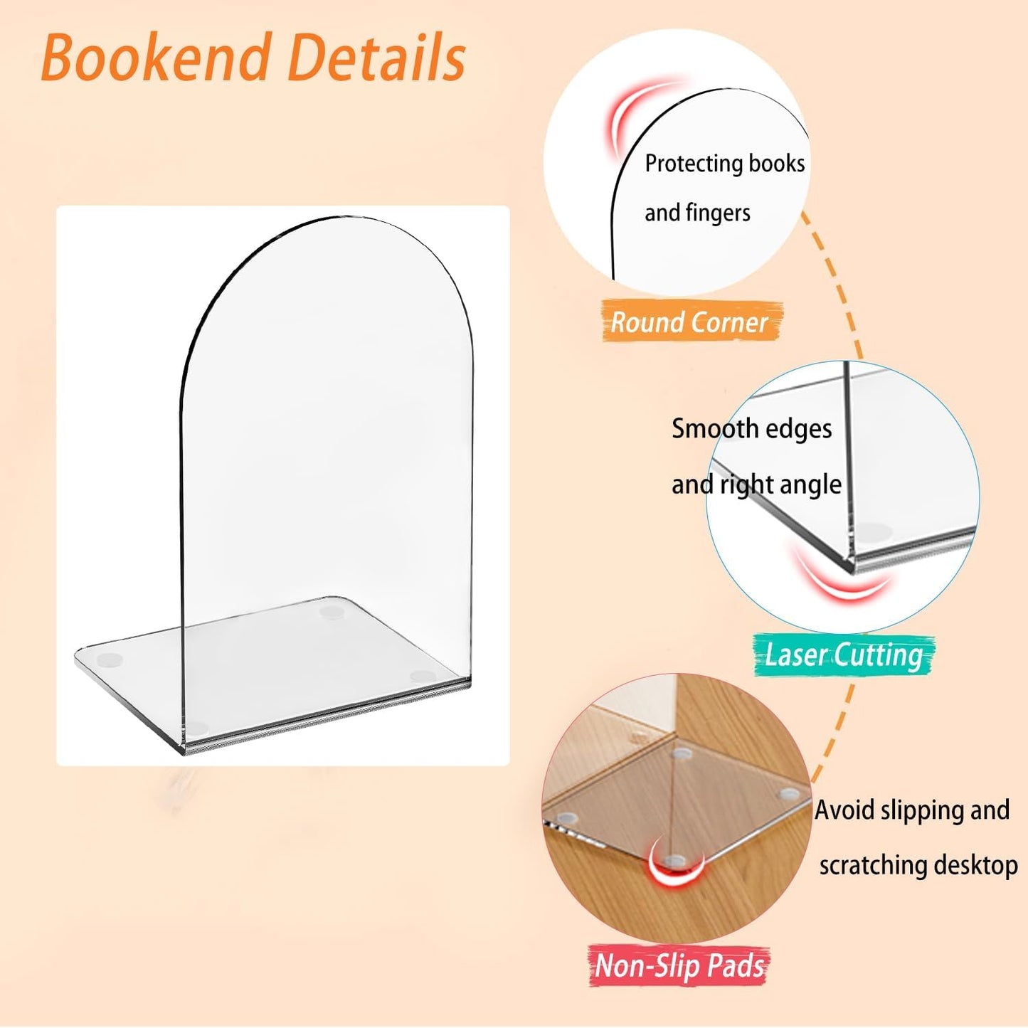 Lulonpon 8 Pieces Book Ends for Shelves, Heavy Books, School, Library, Desktop Organizer - Clear Acrylic Bookends