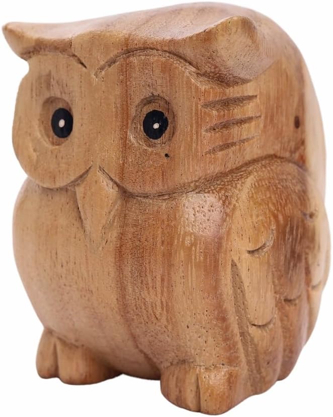 Thai Wooden Hand Carved Wooden Owl Statue, Sculpture Art Decorative Rustic Home Decor Accent Handmade Handcrafted Decoration Natural Color (Owl)