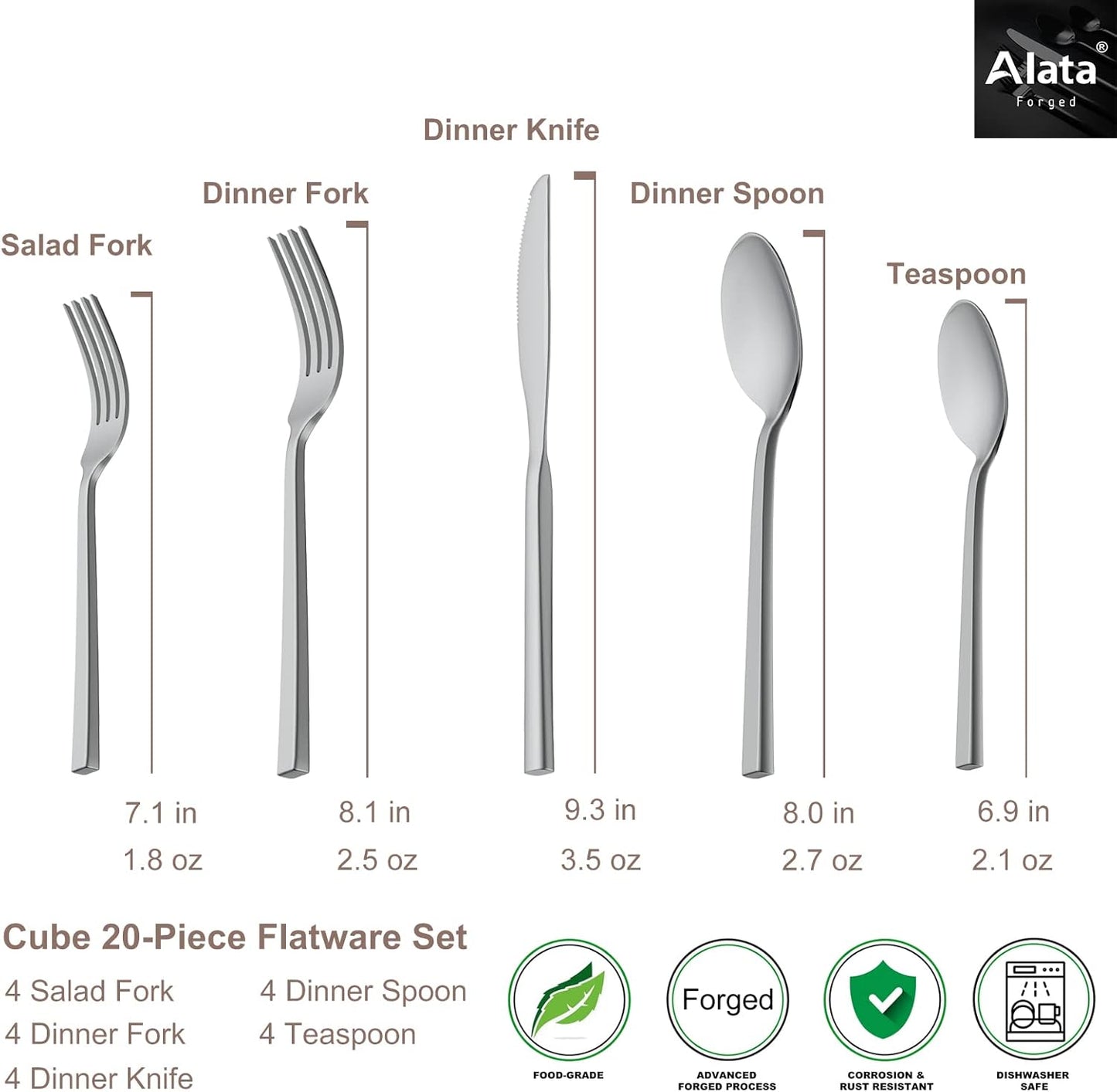 Alata Cube 20-Piece Forged Silverware Set Stainless Steel Flatware Set,Service for 4,Matte Satin Polished Cutlery Set,Dishwasher Safe