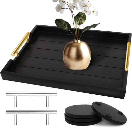 Coffee Table Trays - Large Ottoman Tray for Living Room - Wood Serving Trays with Handles(2 Sets) - Wooden Tray for Coffee Table, 4 Round Coasters Included, Black