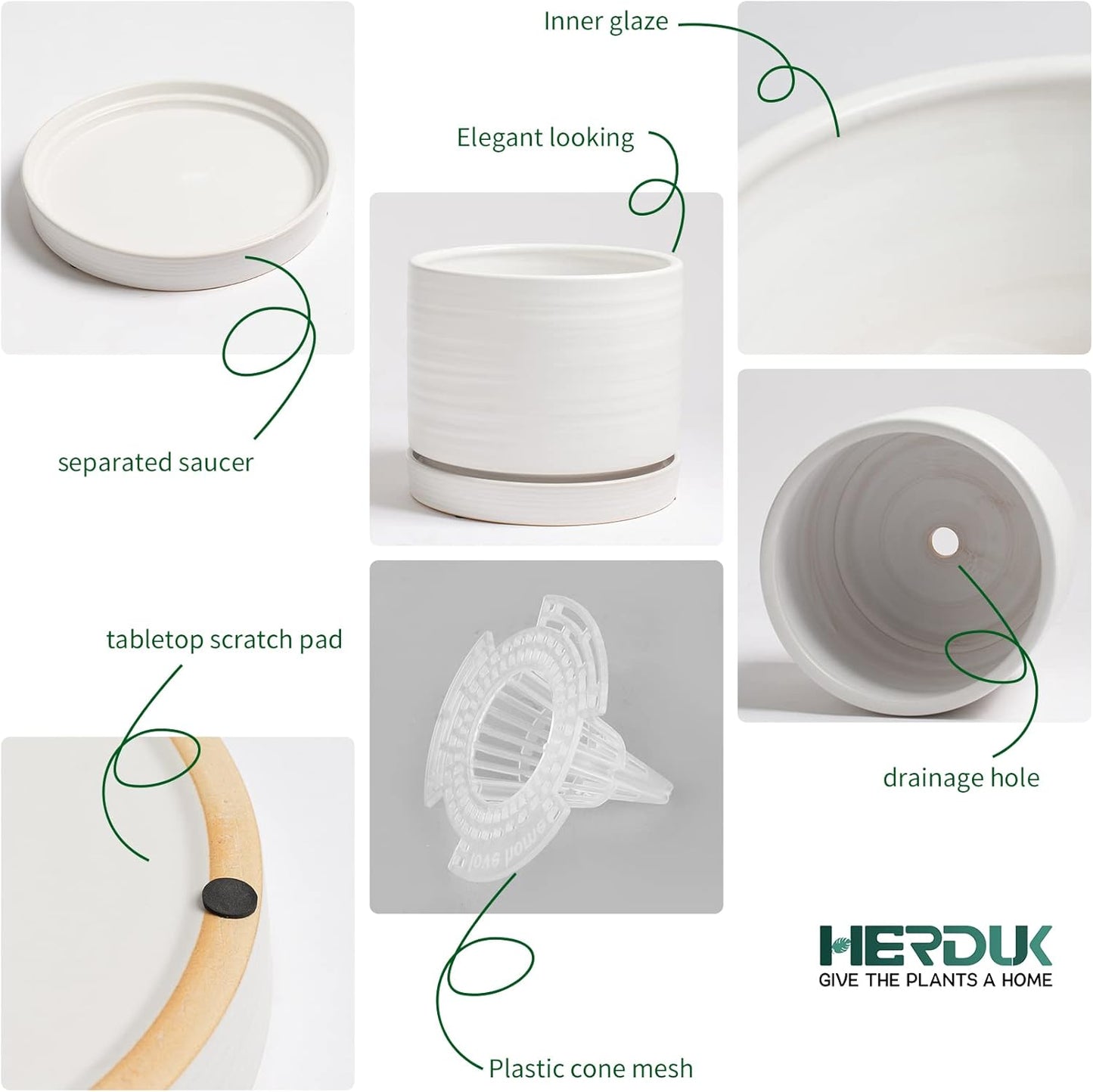 6 Inch Plant Pots, Ceramic Planter Pot with Drainage Hole & Saucer, Indoor/Outdoor Cylinder Round Planter Pot, Matte White