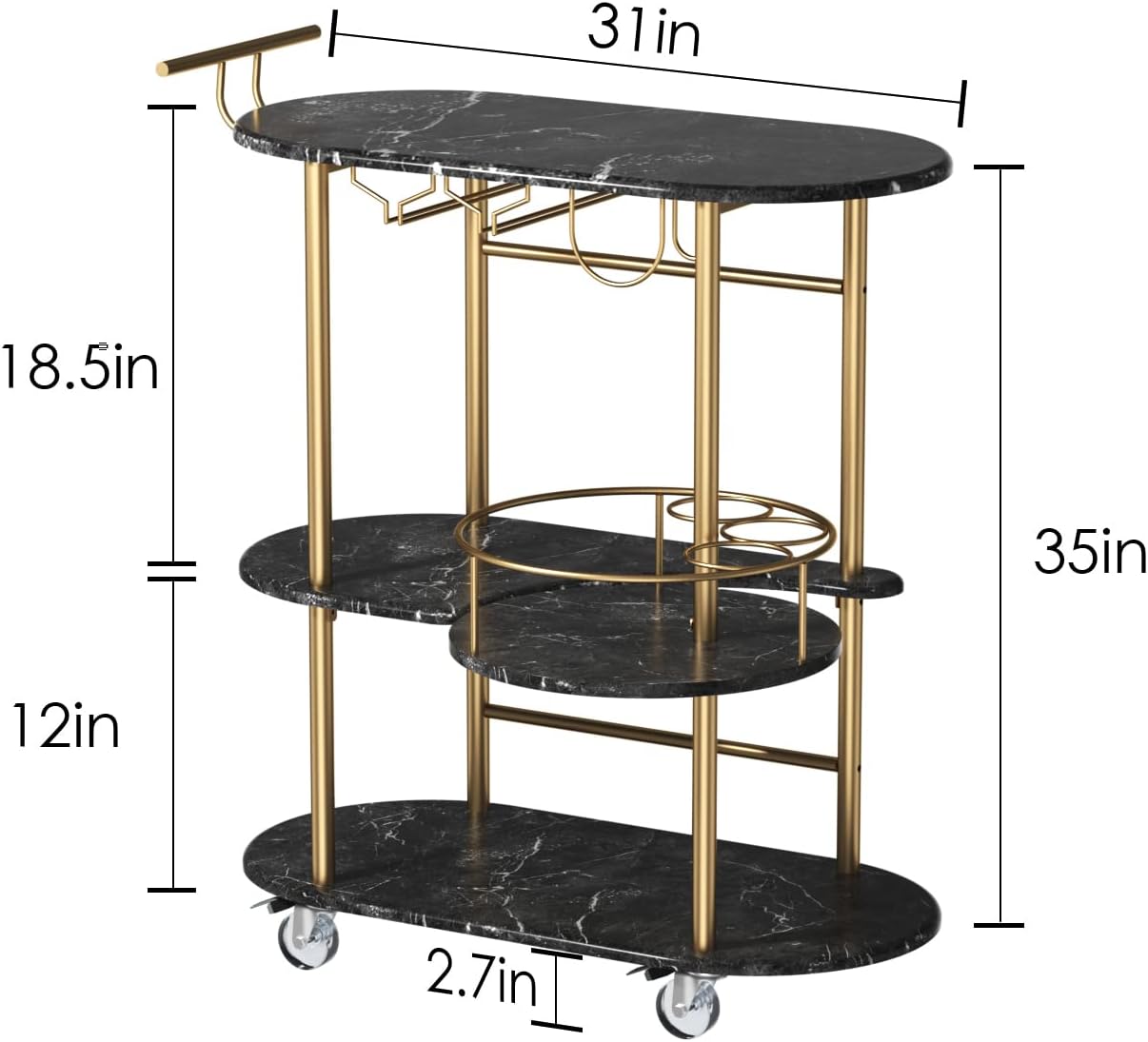 Black Bar Carts with 4-Tier Storage Shelves, Mobile Bar Serving Cart with Wine Rack and Glass Holder, for The Home, Kitchen, Living Room, Dining Room