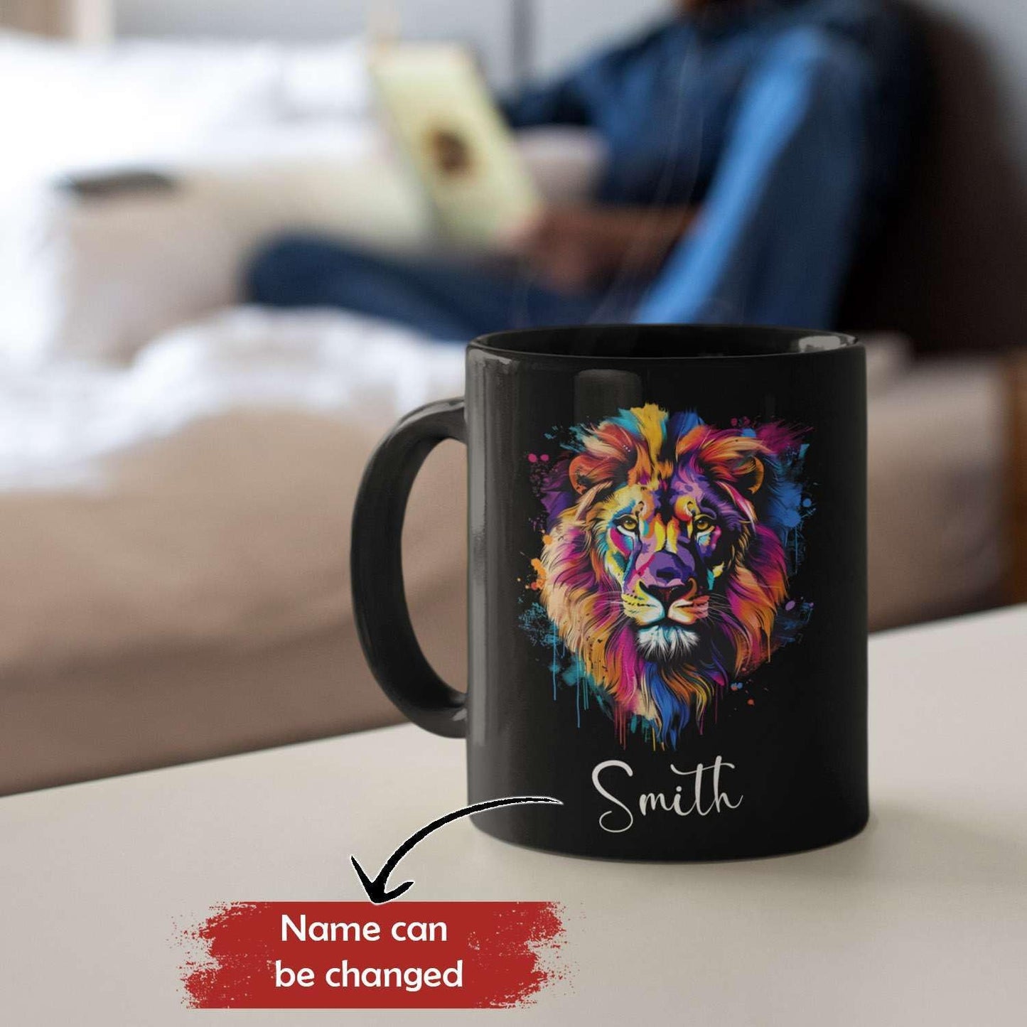 Personalized Lion Black Mug, Gift For Son Grandson, Custom Lion Coffee Cup With Name, Customized Colorful Animal Design Mug, Unique Animal Lover Cup 11oz 15oz