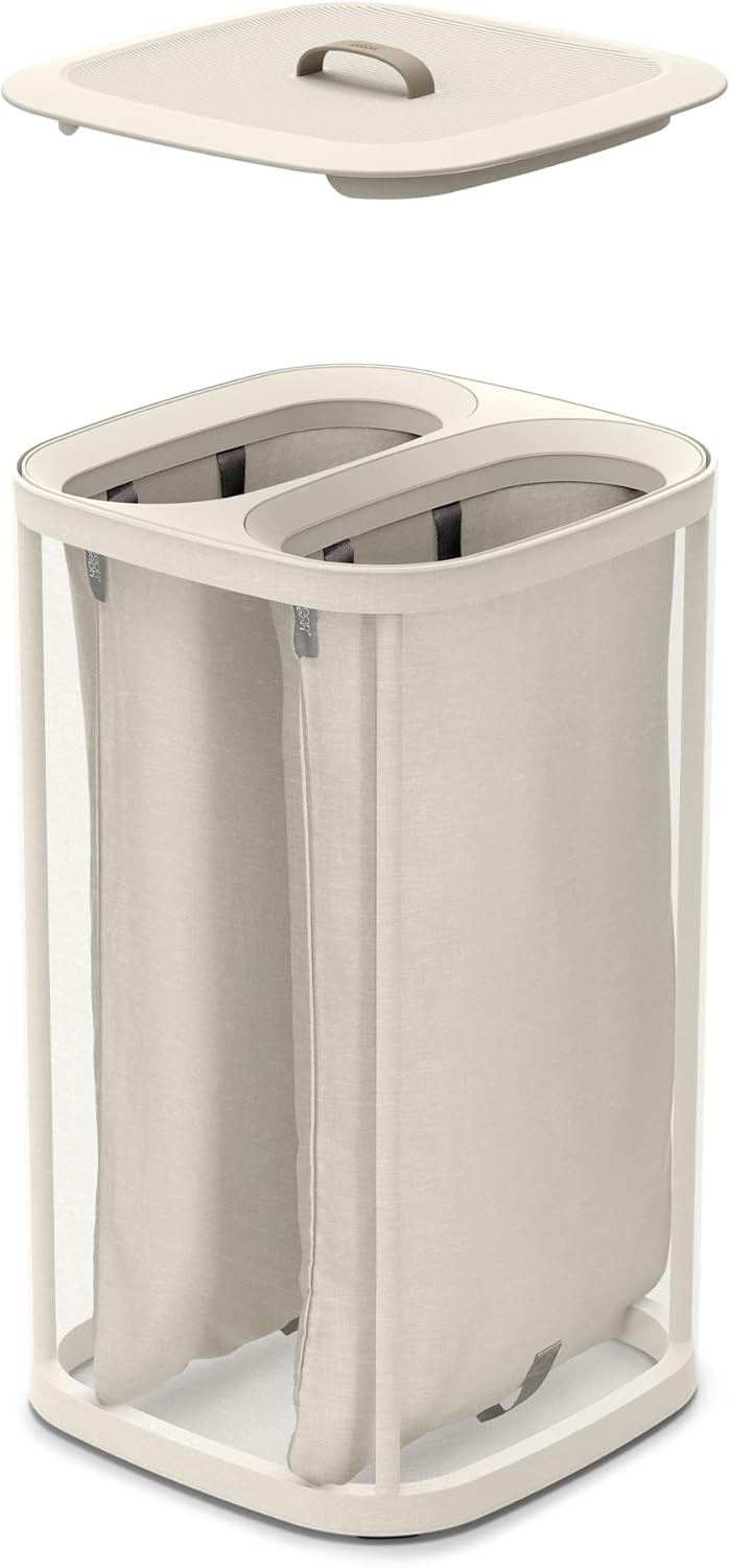 Joseph Joseph Tota 60 liter/15.8 gallon Laundry Hamper Separation Basket with lid, 2 Removable Washing Bags with Handles- Ecru