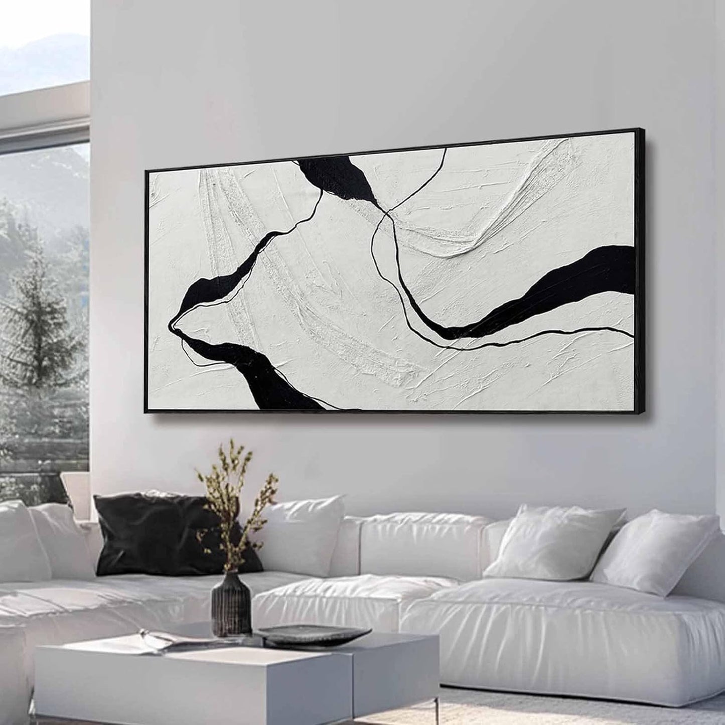 Large Framed Abstract Wall Art 29"x58" Black and White Contemporary Line Canvas Neutral Wall Decor for Modern Living Room Office Bedroom