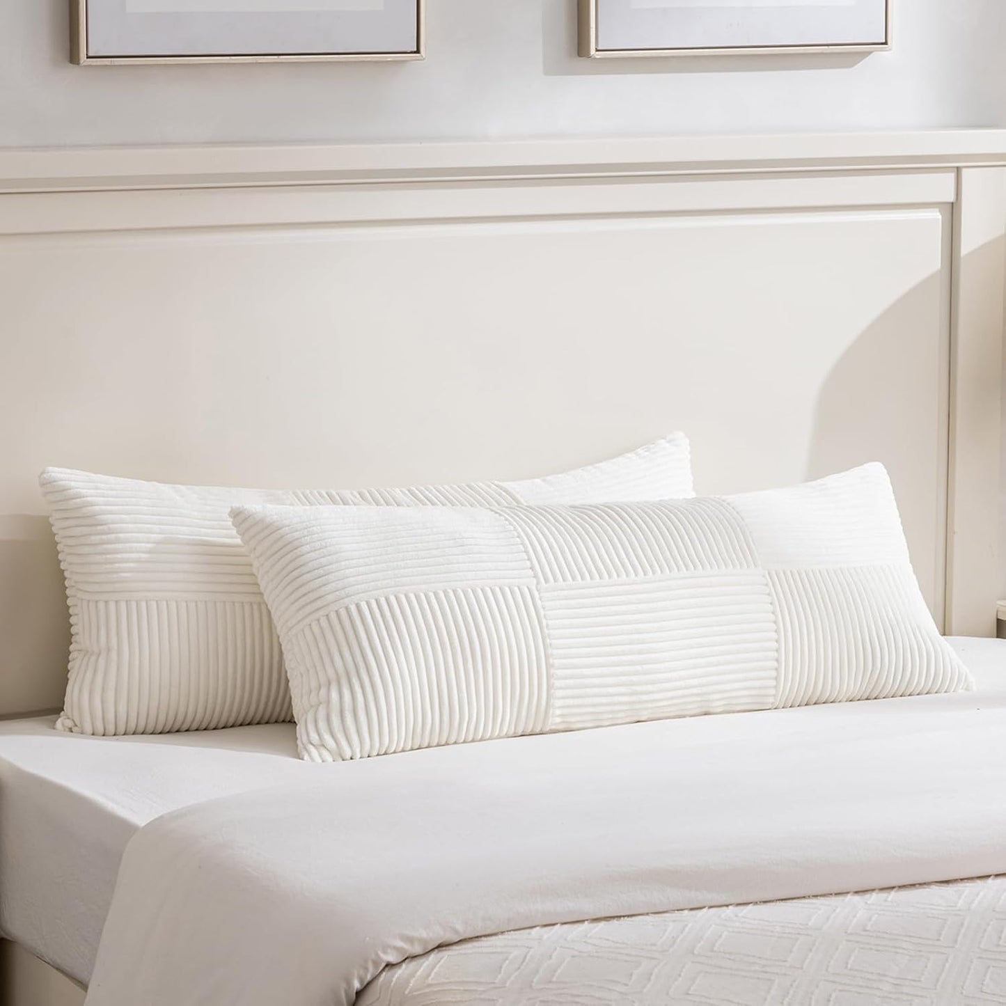Fancy Homi Set of 2 Cream White Boho Long Lumbar Body Decorative Throw Pillow Cover 14x36 Inch for Bed Couch Bedroom Bench, Soft Patchwork Corduroy Textured Pillow Case, Rustic Farmhouse Room Décor