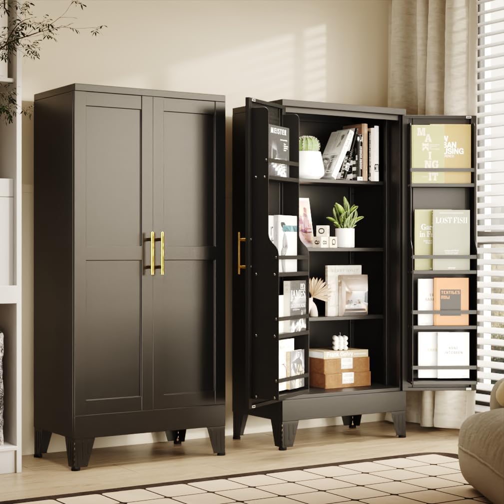 51" Kitchen Pantry Cabinet, Metal Storage Cabinet with 3 Adjustable Layer Shelves, 8 Door Shelves, Buffet Sideboard for Living Room, Kitchen, Black