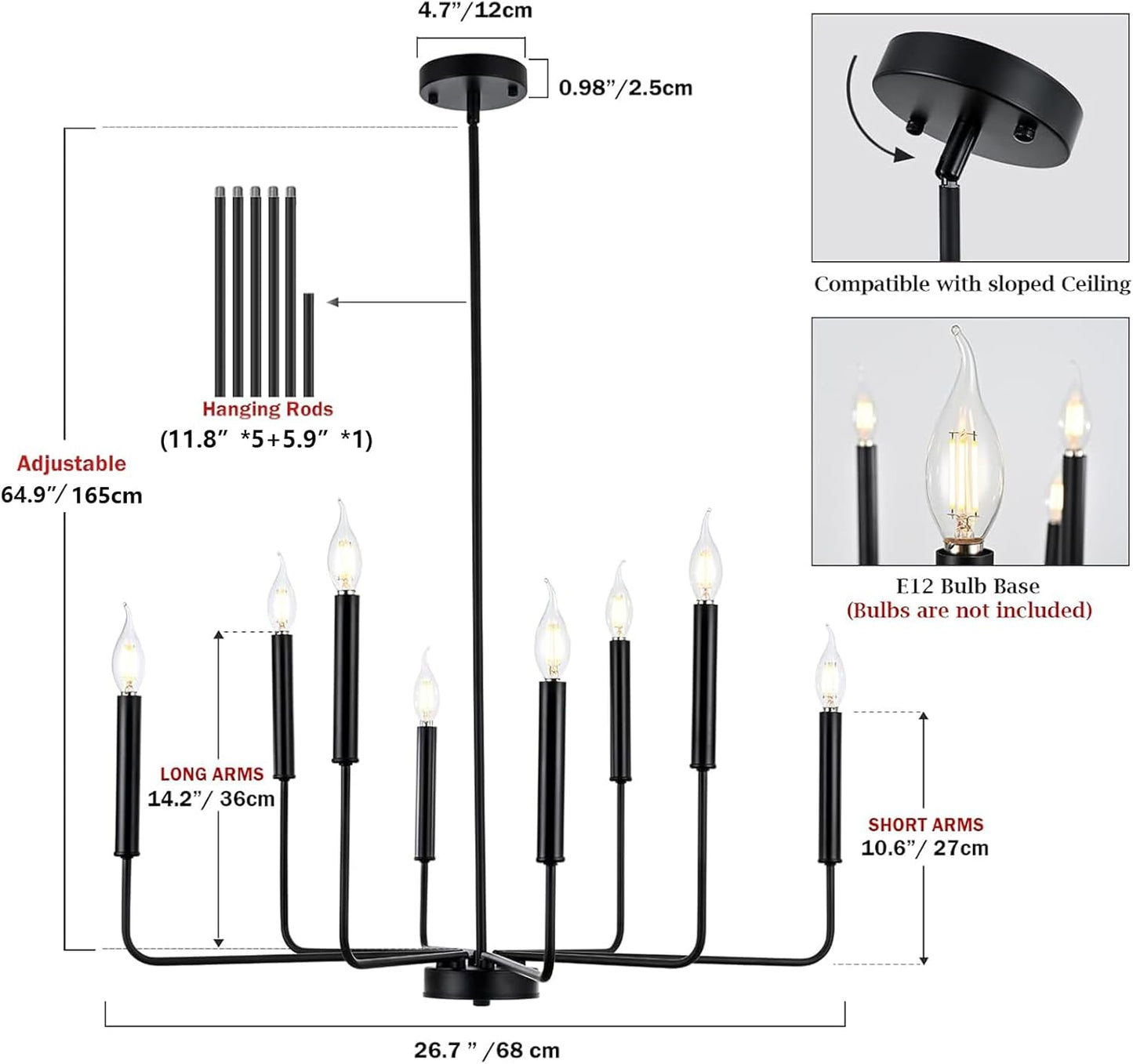 Modern Black Farmhouse Chandeliers, 8-Light Industrial Metal Chandelier Lighting, Classic Candle Hanging Pendant Light Fixtures for Kitchen Bedroom, Dining Room, Living Room,Foyer