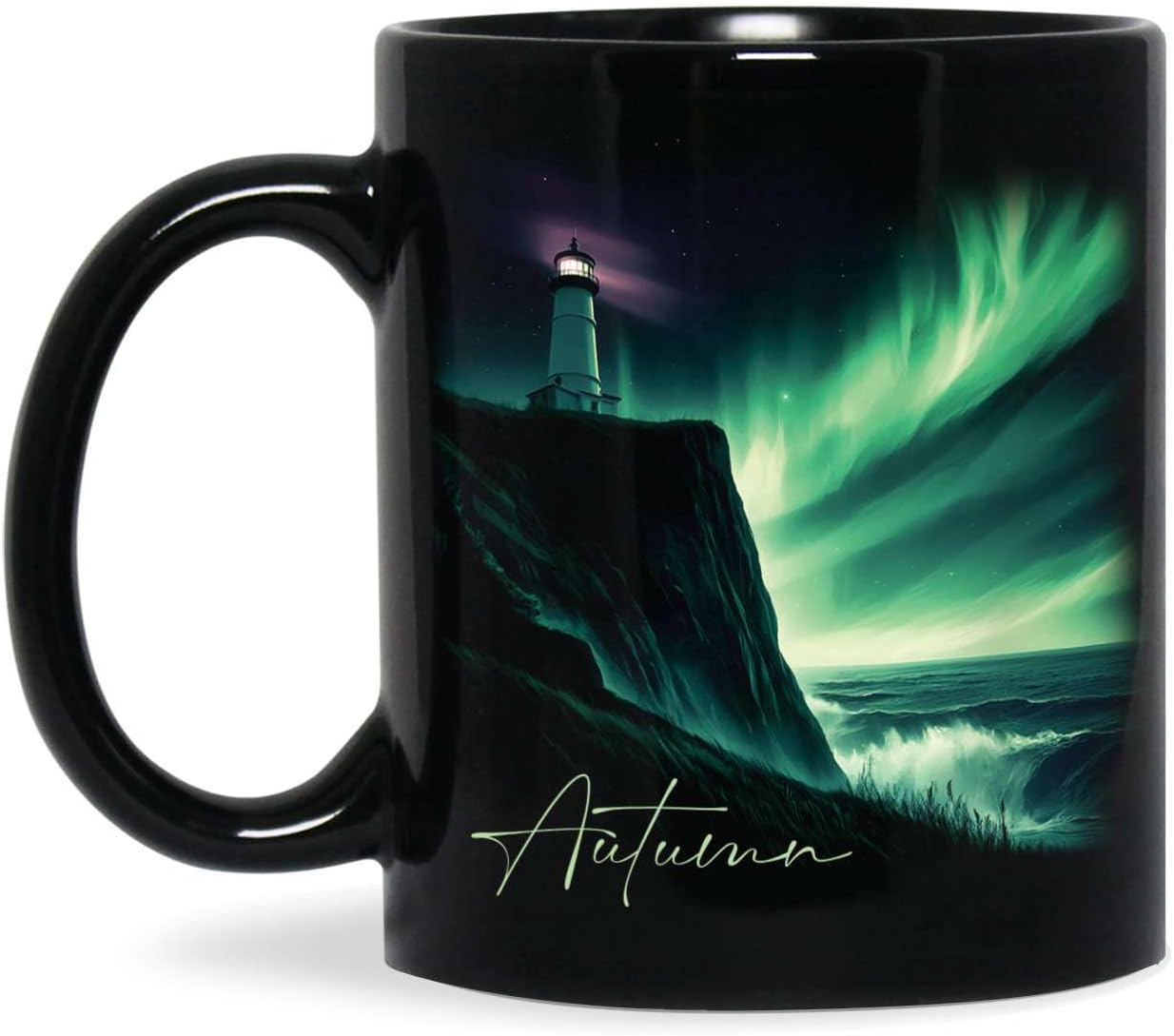 Customized Name Black Coffee Mug, Personalized Beautiful Northern Lights And Lighthouse Mug, Custom Mystical Ocean View Ceramic Cup, Gift For Women Men, Nature Themed Mug 11oz 15oz