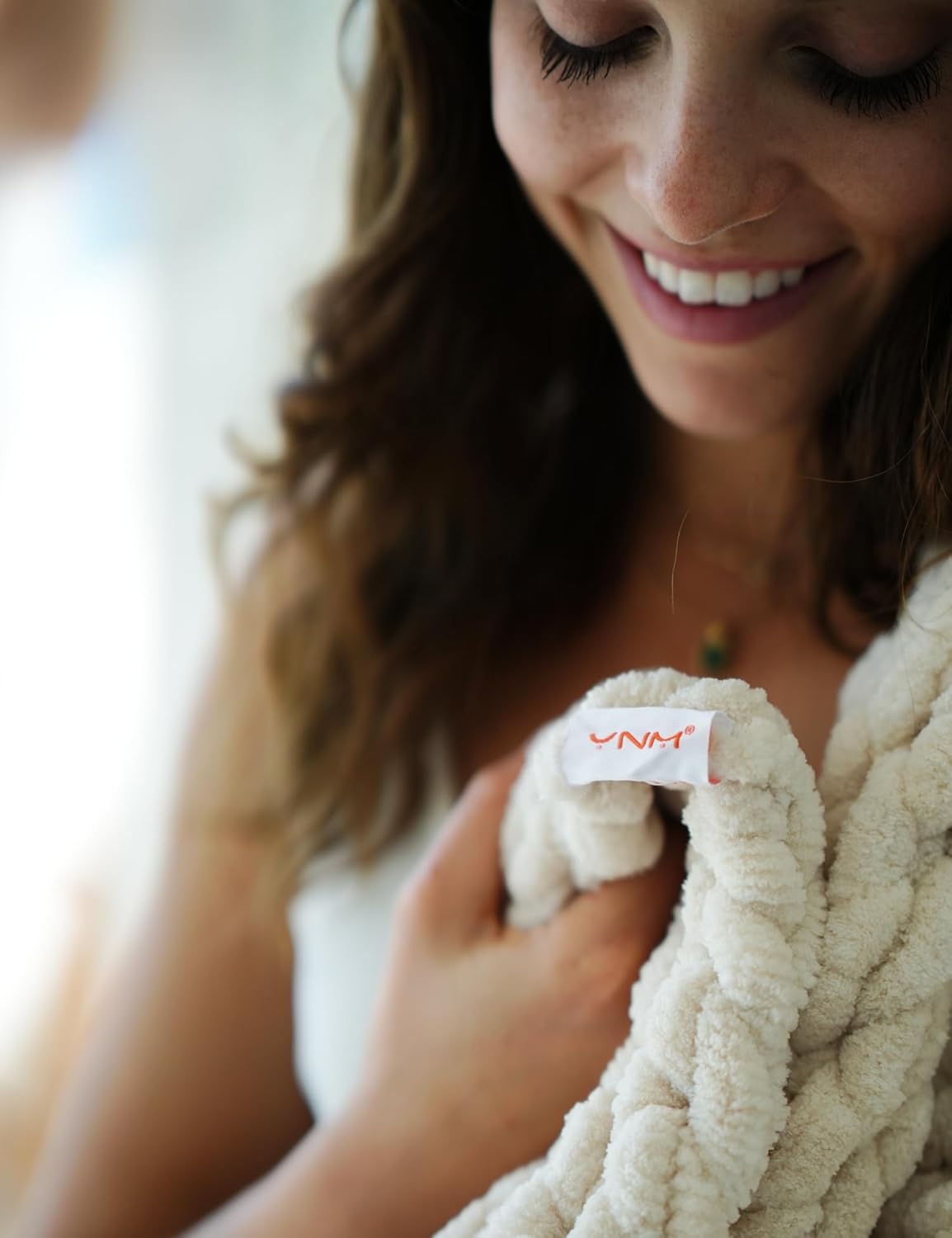 YnM Chunky Throw Blanket, Hand Knitted with Chenille Yarn, Skin Friendly, Ventilated and Breathable, Machine Washable, Home Décor Piece for Couch, Sofa and Bed (Butter Cream, 30x40 Inch)