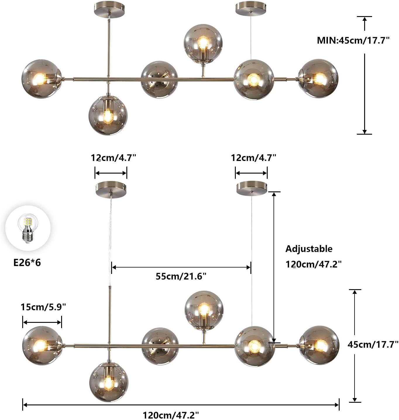 KCO Modern 6-Light Ceiling Pendant Lighting Mid-Century Glass Globes Sputnik Pendant Lamp Hanging Adjustable Chandelier for Kitchen Island Living Dining Room (Silver+Smoke Grey)