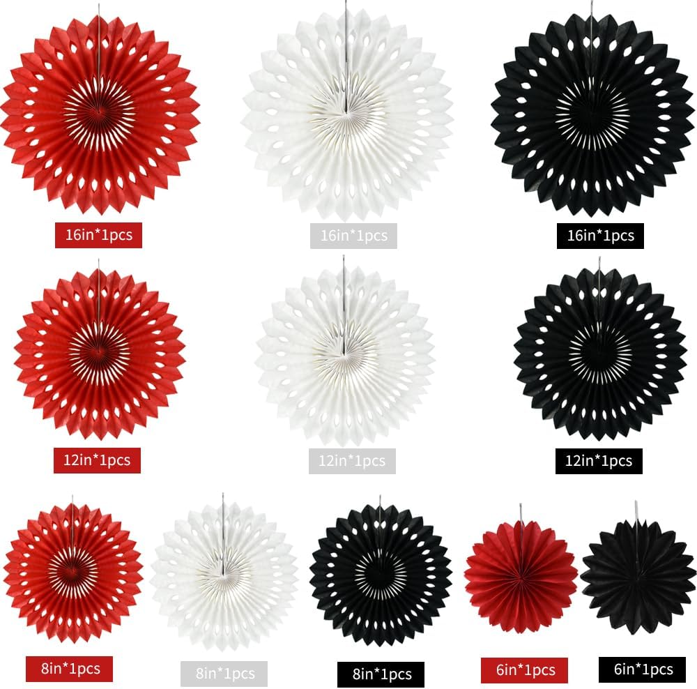 BEISHIDA Red Black White Hanging Honeycomb Round Paper Fans Decoration Tissue Paper Fan Garland for Birthday Christmas Wedding Party Supplies（11packs）