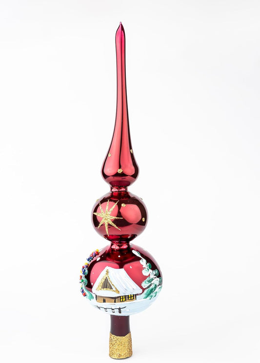 Christmas Tree Topper Spitz Glass Mouth Blown Hand-Decorated Embellishments (Burgundy, 15 inch)