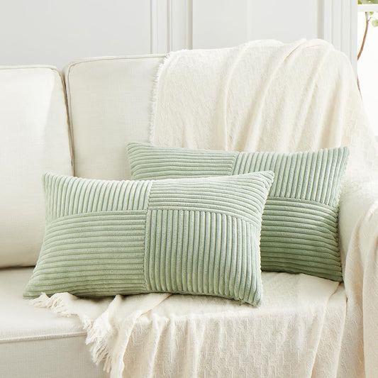 Fancy Homi 2 Packs Sage Green Lumbar Decorative Throw Pillow Covers 20x28 Inch for Living Room Couch Bed, Rustic Farmhouse Boho Home Decor, Soft Striped Corduroy Rectangle Accent Cushion Case 50x70 cm