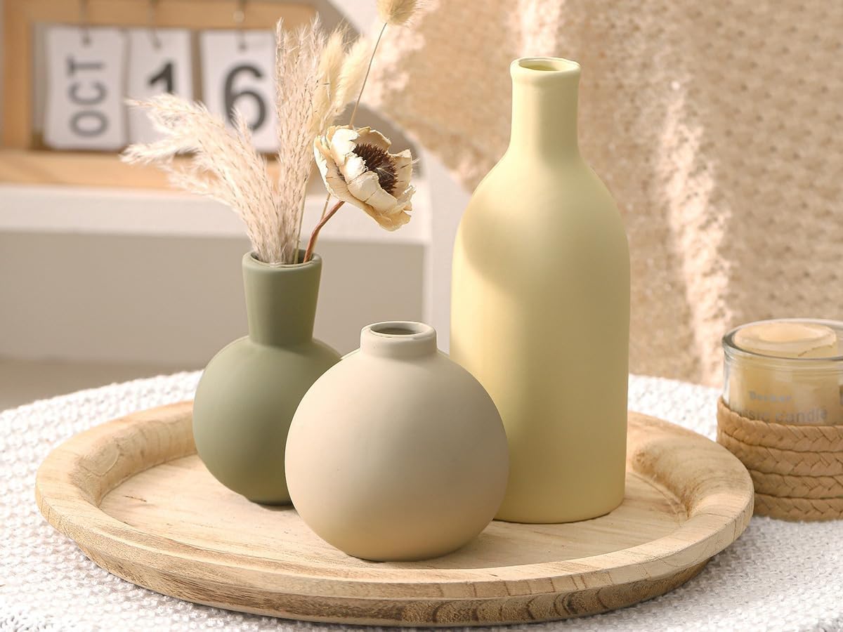 Vase Set of 3, Ceramic Vases Home Decor Flower Decorative Table Decor Vase Pottery Neutral Vases for Tray Table Mantel Living Room Kitchen Bedroom Bathroom Entryway -Light Color