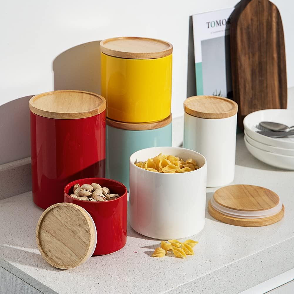 Sweejar Kitchen Canisters Ceramic Food Storage Jar, Stackable Containers with Airtight Seal Wooden Lid for Serving Coffee Bean, Flour, Tea, Cookies and More - 58 Fl Oz (Dark Turquoise)