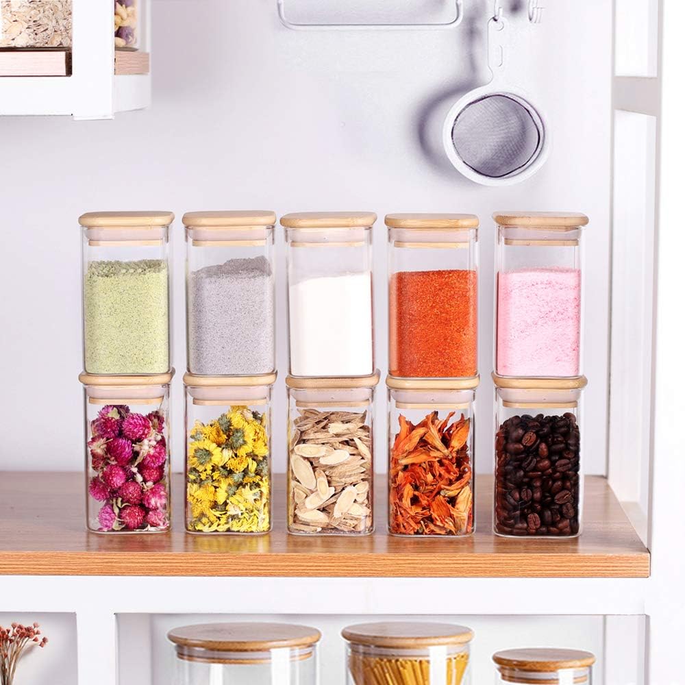 10 Pcs Glass Spice Jars - 8oz Empty Square Spice Storage Containers With Bamboo Airtight Lid and Labels - Thicken Small Glass canister for Kitchen Seasoning,Coffee Bean,Tea,Suger,Herbs