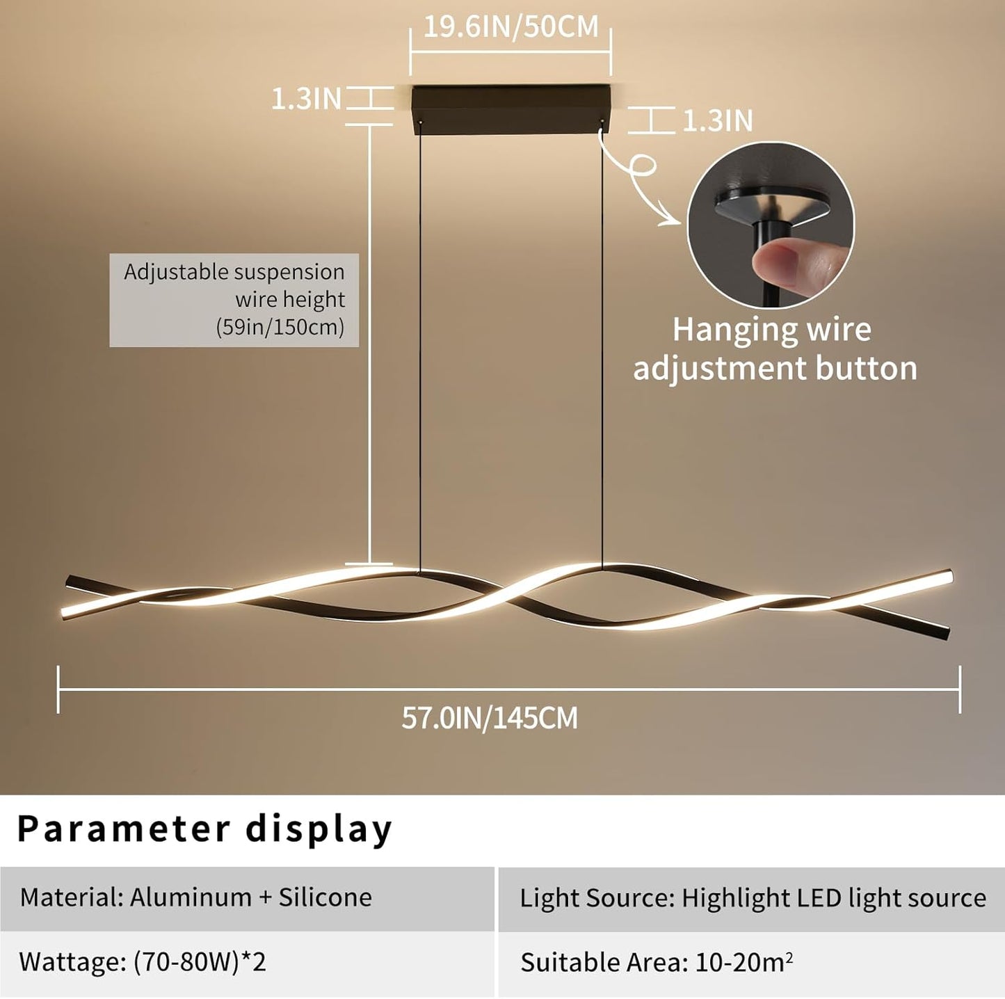 Modern Ceiling Chandelier Light, Acrylic Anti Flicker Pendant Lamp with Remote Control Dimmable 3 Color Mode & Brightness (Warm Cool Neutral Light) for Kitchen Bar Walnut 57in