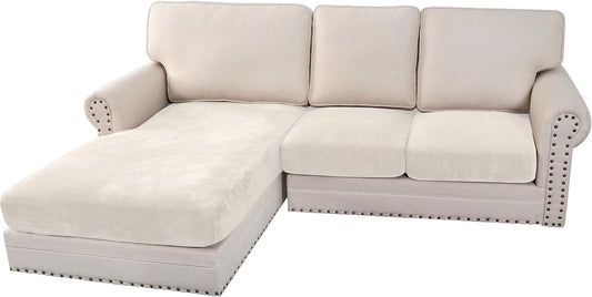 H.VERSAILTEX Velvet Stretch Sectional Couch Covers 3 Pieces Sofa Seat Cushion Covers L Shape Separate Couch Cover for Both Left/Right Sectional Couch (Large Sofa 2 Seater + 1 Chaise, Porcelain)