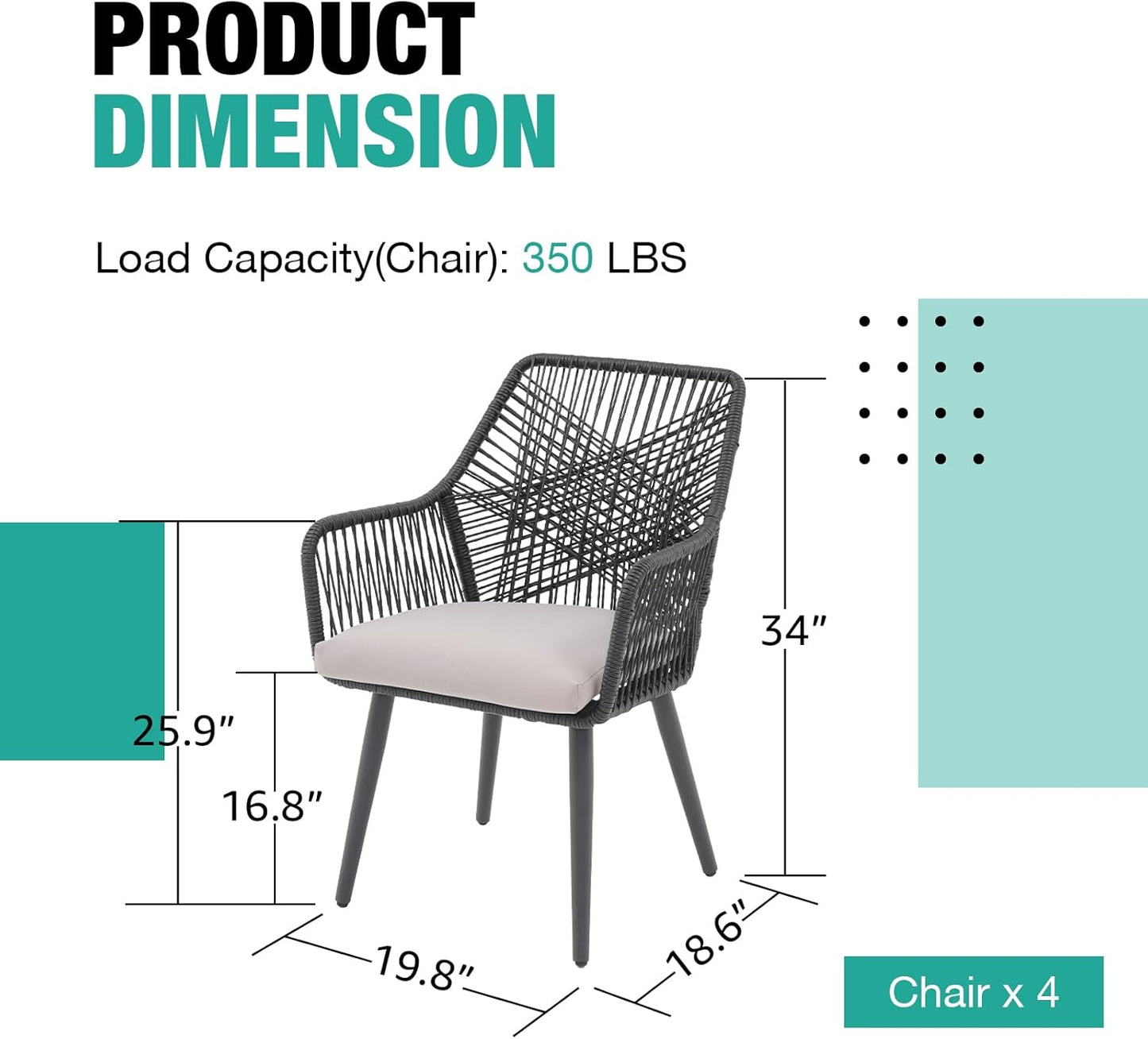 Patiorama Patio Dining Chair Set of 4, Woven Rope Outdoor Dining Chairs w/Steel Frame, All-Weather Twisted Rattan Chairs w/Armrest & Cushion, Outdoor Dining Wicker Chairs for Backyard Garden(Black)