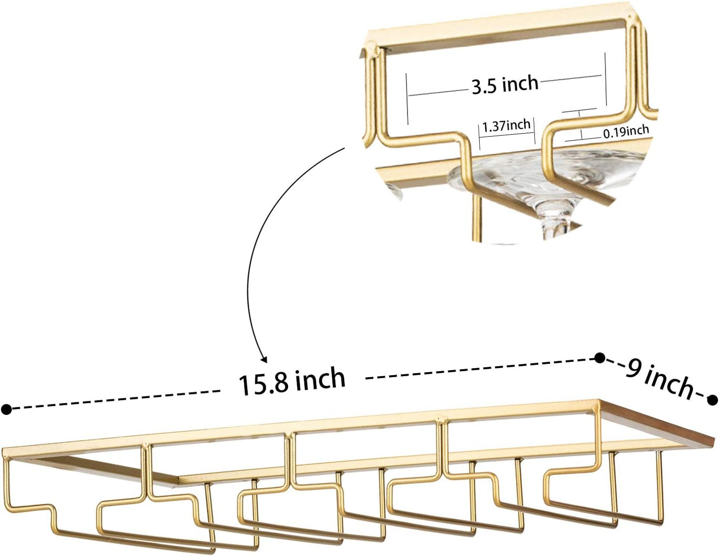 Wine Glass Rack Under Cabinet - Stemware Holder Metal Wine Glass Organizer Glasses Storage Hanger for Bar Kitchen Gold 4 Rows