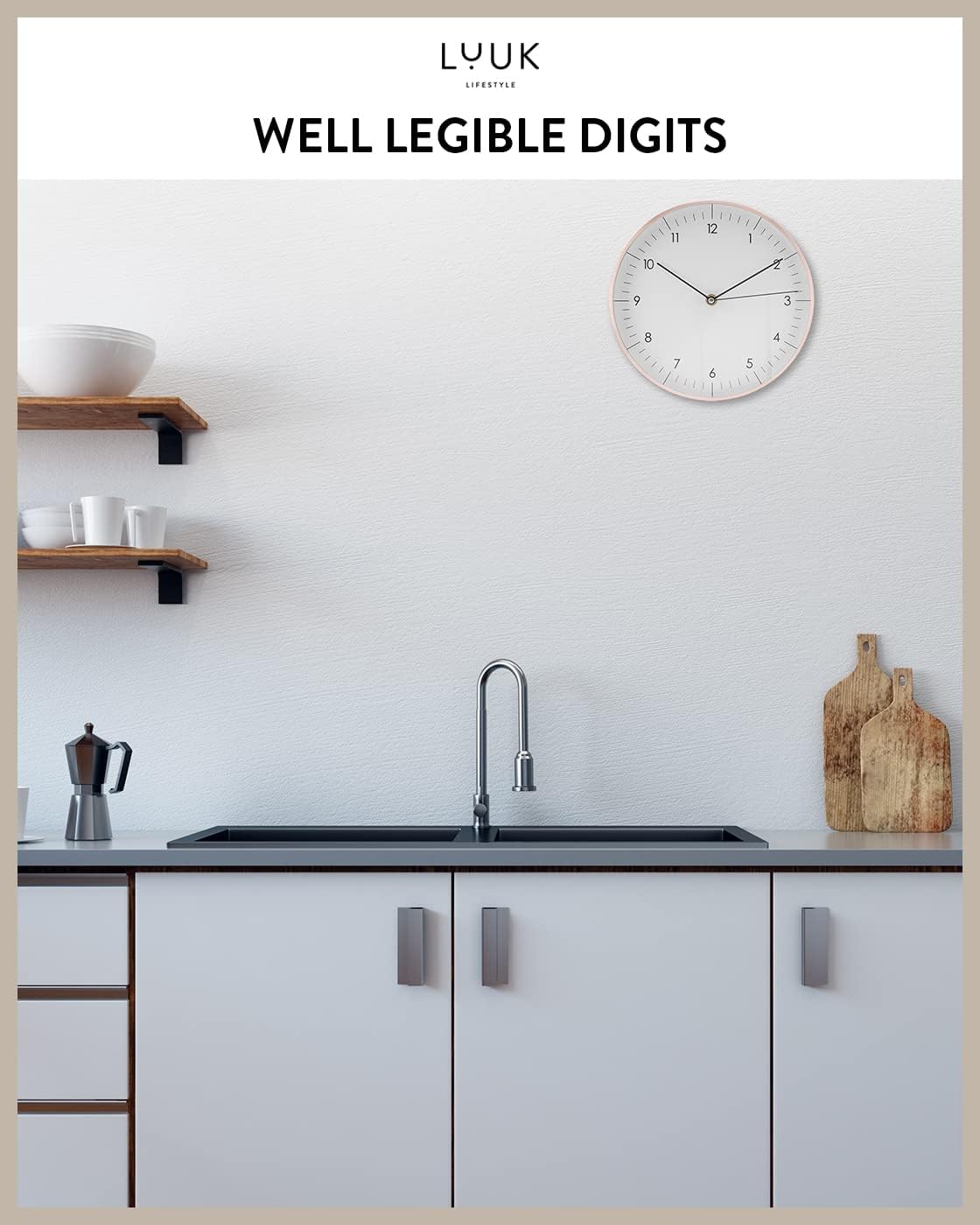 LUUK LIFESTYLE Timeless Wall Clock with Silent Movement and no Ticking, Elegant Design, for Children's Room, Living Room, Bathroom, 12”, White and Rosegold