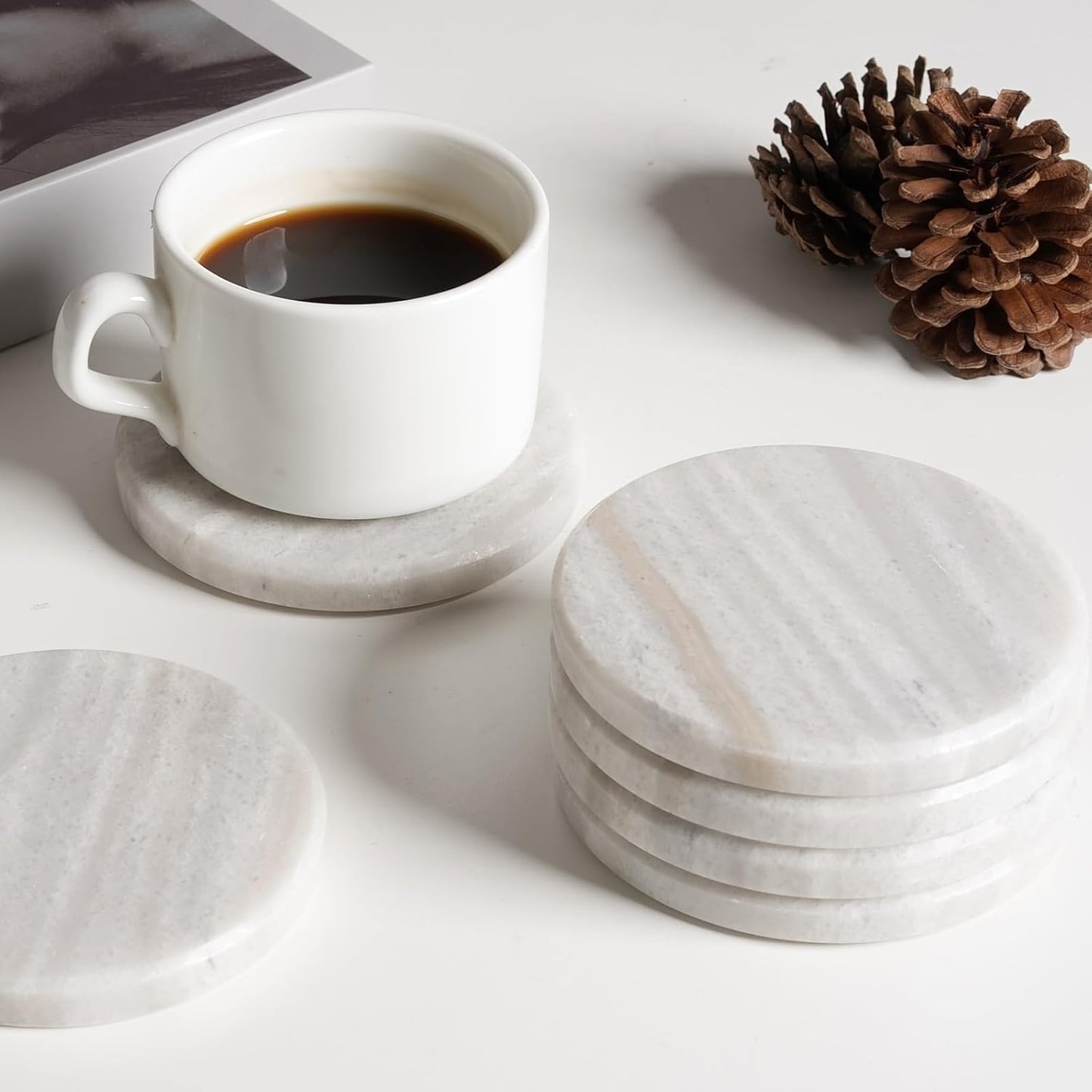 BCS Premium Marble Coasters Set of 6 with Holder - White Stone Drink Coasters for Coffee Table, Durable Cup Mats for Beer, Wine, Beverages - Elegant Home & Office Decor Present