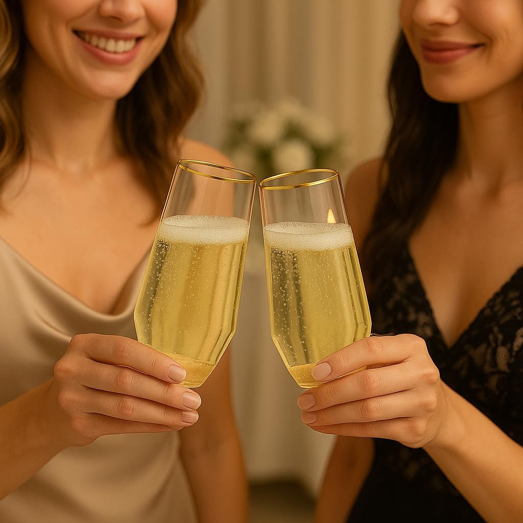 48 Pack Diamond Unbreakable Stemless Plastic Wine Stemless Toasting coacktail Glasses, Durable 9 Oz BPA-Free Disposable Champagne Flutes for Weddings, Bars, Events, and Celebrations (Diamond Gold Rim)