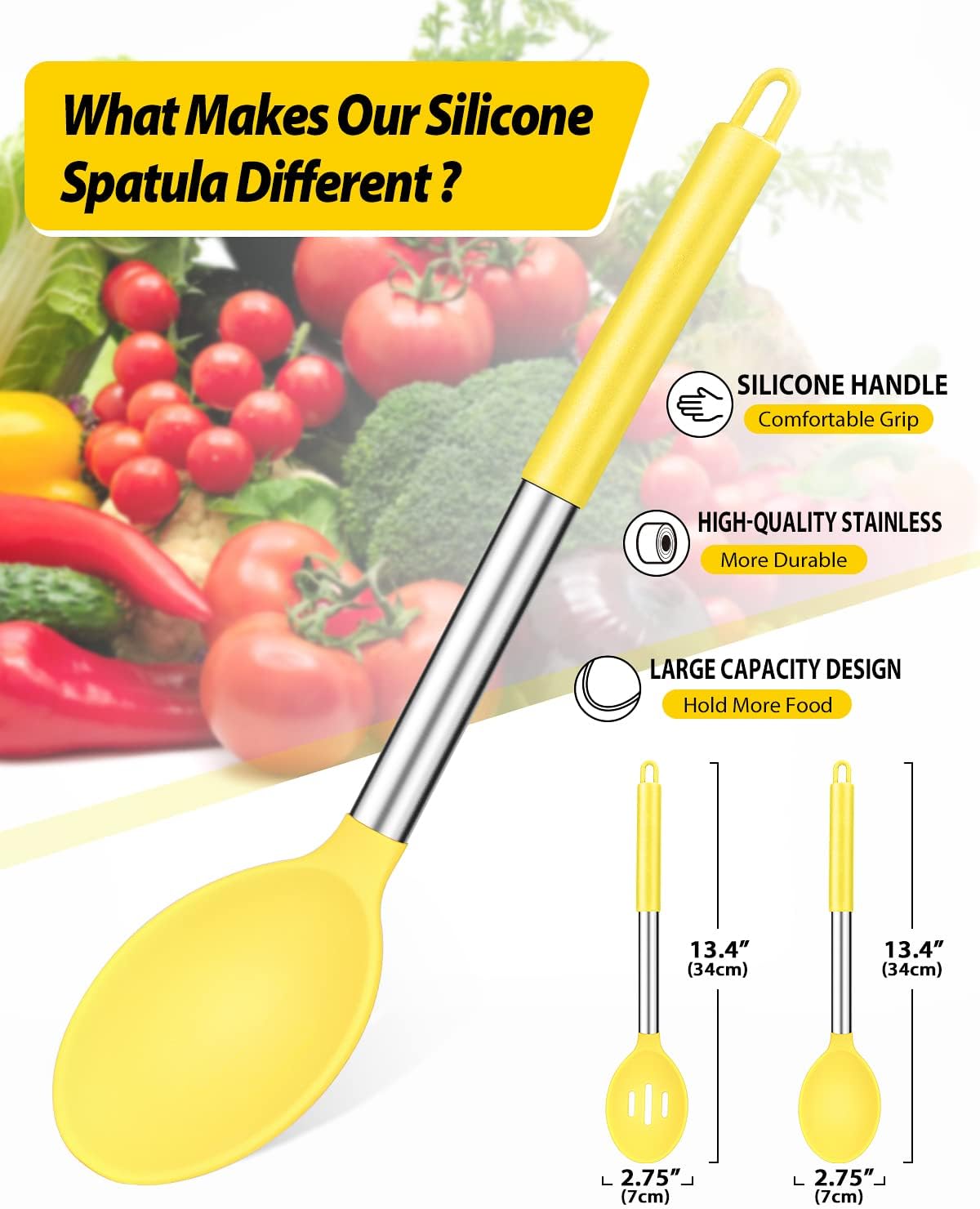 Pack of 2 Large Silicone Cooking Spoons,Non Stick Solid Basting Spoon,Heat-Resistant Kitchen Utensils for Mixing,Serving,Draining,Stirring (YELLOW)