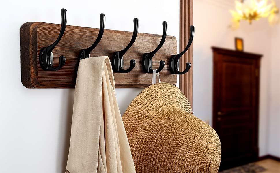 Dseap Wall Mounted Coat Rack: Patented, Heavy-Duty, 17.4" Long 5-Double-Hooks Wooden Hanger Rail for Winter Coats, Hat, Jacket, Clothing - Natural & Black, Pack of 2