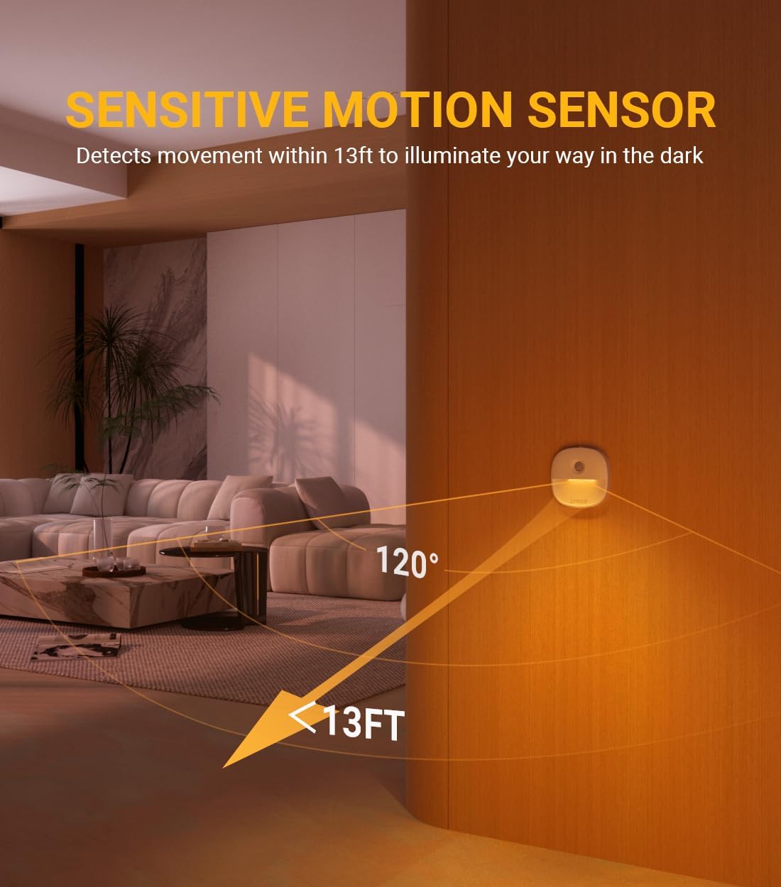 Lyridz Rechargeable Battery Night Light with Motion Sensor, Dimmable Amber Nightlights for Bathroom, Bedroom, Hallway, Stairs, Pet House, 3 Pack