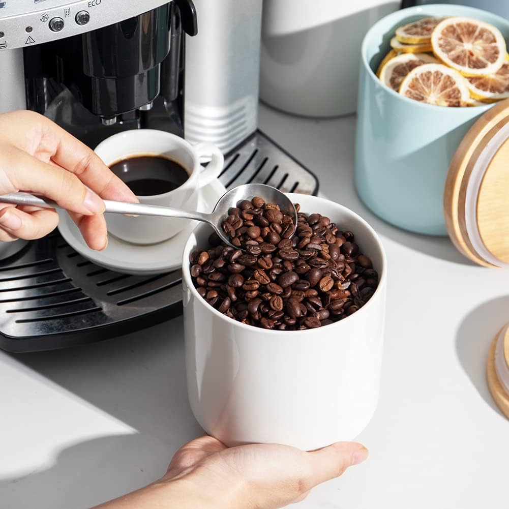 Sweejar Kitchen Canisters Ceramic Food Storage Jar, Stackable Containers with Airtight Seal Wooden Lid for Serving Coffee Bean, Flour, Tea, Cookies and More - 58 Fl Oz (White)