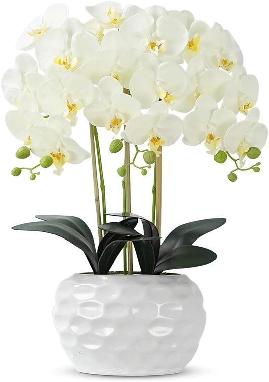 Orchid Artificial Flowers with White Vase Large Silk Faux Phalaenopsis Flowers for Dining Room Table Floral Centerpieces Indoor Decoration,White