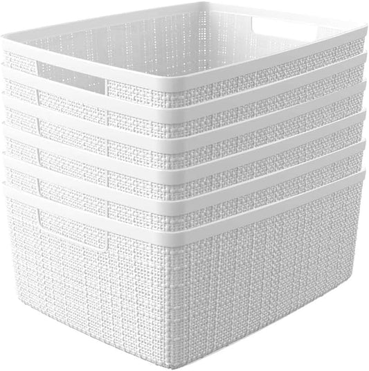 Curver Set of 6 Jute Medium Decorative Plastic Organization and Storage Baskets, Perfect Bins for Home Office, Closet Shelves, Kitchen Pantry and All Bedroom Essentials, White