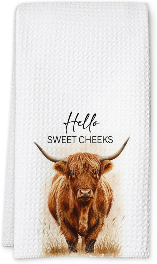 Highland Cow Farmhouse Hand Towels for Bathroom Kitchen Decor | Waffle Weave Microfiber Dish Towel Set | Hello Sweet Cheeks Farmhouse Cow Decorative - A01