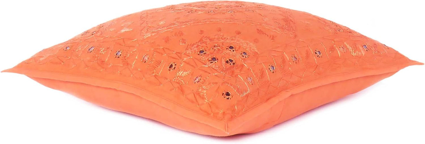 Eyes of India Embroidered Decorative Boho Throw Pillow Cover with Mirrors, Handmade Bohemian Accent Cushion Case for Sofa Couch Bedroom Living Room (Orange, 16" x 16")
