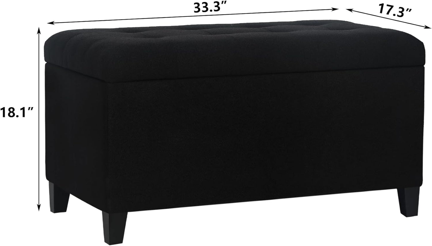 Asense Storage Ottoman Bench, Tufted Fabric Upholstered End of Bed Bench with Safety Hinge Wooden Legs, for Entryway Bedroom (Cotton and Linen Black, 33.3")