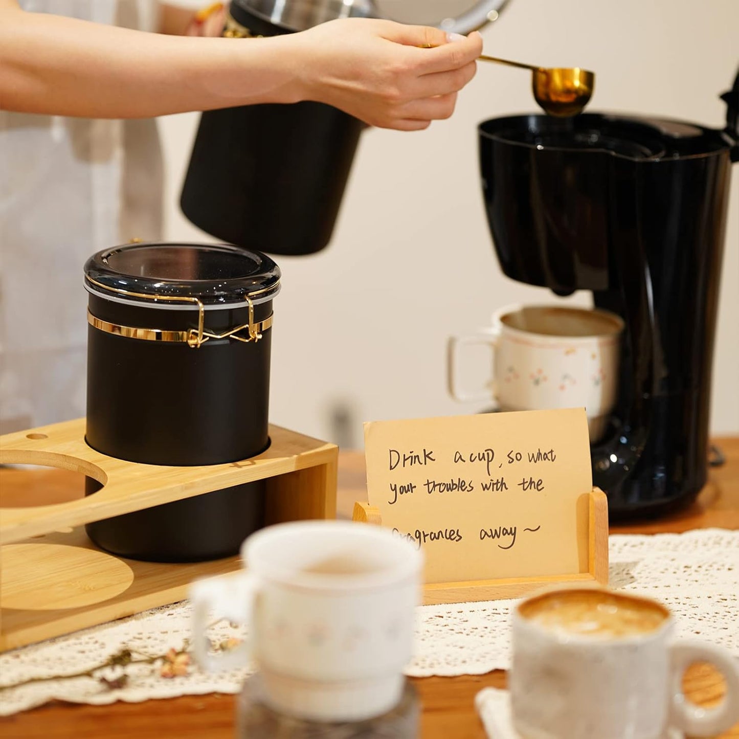 Yangbaga 304 Stainless Steel Coffee Canisters for Ground Coffee,2 x 63OZ Coffee Container with Shelf Coffee Bean Storage, Food Storage Jar with Gold Airtight Locking Clamp and Spoon for Kitchen